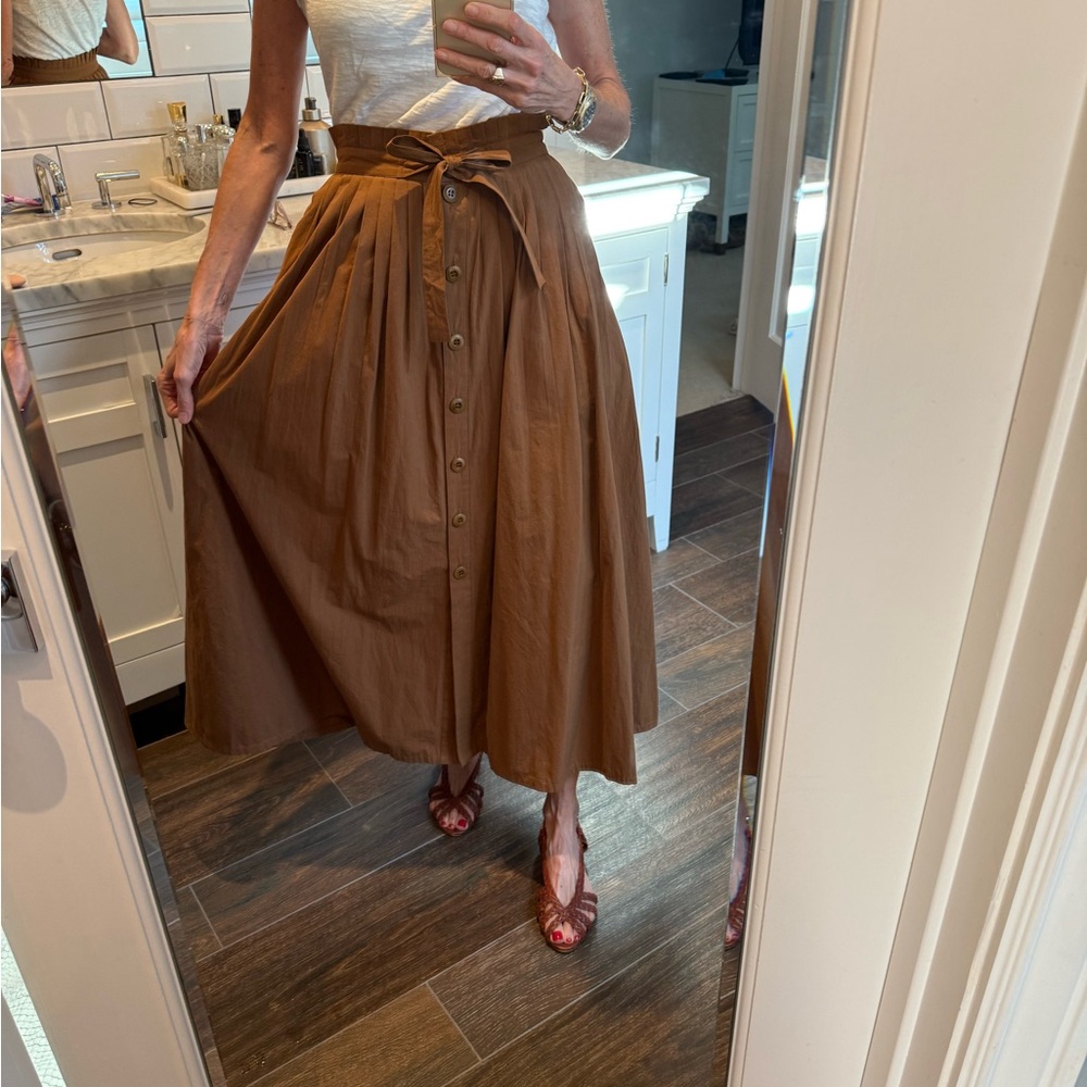 THE GREAT. A-Line Brown Button-Front Skirt